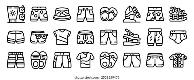 Male beach wear icons set. Line icons set of man clothes and accessories for summer holidays, beach vacation and travel