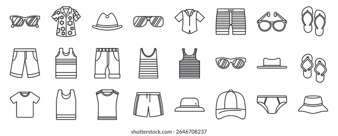 Male beach wear icons set. Essential summer apparel and accessories are depicted with simple line icons, evoking a sense of vacation style