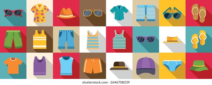 Male beach wear icons set. Vibrant summer clothing and accessories arranged in a grid pattern