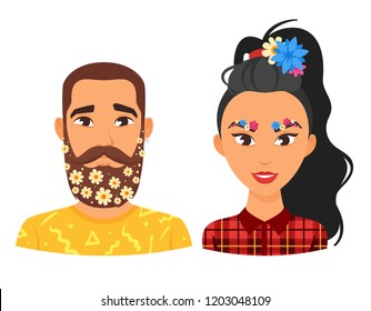 Male with beard with flower and Female with floral eyelashes portrait.