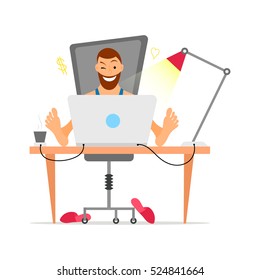 Male with beard freelancer working remotely from his desk. Freelance concept in flat and cartoon style design. Home office workplace. Online shopping