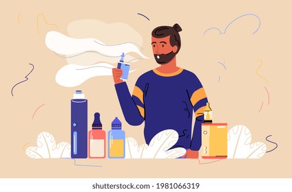 Male bearded character is enjoing vaping. Smoking device with different flavours. Concept of analog nicotine intake with vape cigarette as modern dangerous addiction. Flat cartoon vector illustration