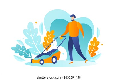 A male bearded gardener mows the grass with a lawn mower. Vector illustration, design concept for Yard care and lawn mowing services. A man trimming the lawn and grass. Trendy flat character style.