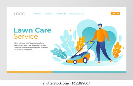 A male bearded gardener mows the grass with a lawn mower vector illustration. Design concept of landing page for yard care and lawn mowing services. A man trimming the lawn and grass.