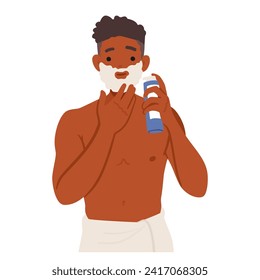 Male Beauty Routine. Man Applying Shaving Foam On The Face, Prepares The Skin For Smooth And Comfortable Shave, Character Enhancing Overall Grooming And Confidence. Cartoon People Vector Illustration