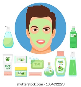 Male beauty treatments with organic aloe vera cosmetics. Vector aloe vera for male face, organic natural shampoo and soap illustration