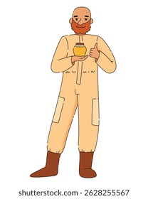 Male beekeeper in protective suit holding jar of honey and showing thumbs up, cartoon flat vector illustration isolated on white background