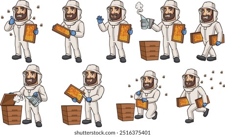 Male beekeeper working with honey bees and beehives. Vector cartoon illustrations bundle with each image on a separate layer.