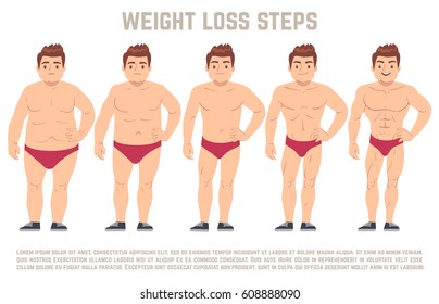 Male before and after diet, man body from fat to thin. weight loss steps vector illustration. Body male health and slim, adult man with fat body
