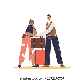 Male Bellboy Taking Luggage Bags From Woman Arriving To Hotel. Doorman Help Female Visitor. Porter Work With Guest. Accommodation Services Concept. Cartoon Flat Vector Illustration