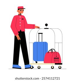 Male Bellhop With Luggage Cart In Flat Vector Illustration Symbolizing Hotel Assistance, Travel, And Hospitality, Isolated On White Background.