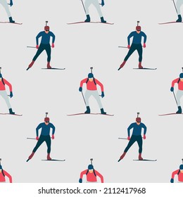 Male biathlete. Vector seamless pattern with biathletes.