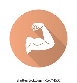 Male bicep flat design long shadow glyph icon. Vector silhouette illustration