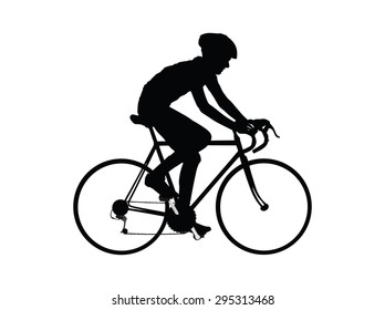 A male bicyclist riding a bicycle isolated against white background silhouette vector illustration. Sportsman in race. Giro, tour, competition. Man riding bicycle. Boy on bike. Biker outdoor race.