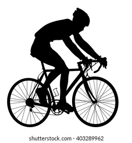 A male bicyclist riding a bicycle isolated against white background silhouette vector illustration. Sportsman in race. Giro, tour, competition. Man riding bicycle. Boy on bike. Biker outdoor race.