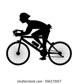 A male bicyclist riding a bicycle isolated against white background silhouette vector illustration.