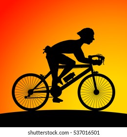 A male bicyclist riding a bicycle isolated against white background silhouette vector illustration.
