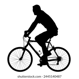 Male bicyclist riding bicycle silhouette vector illustration isolated white background. Man riding bicycle shape shadow. Health care outdoor sport. Active boy on electric bicycle recreation.