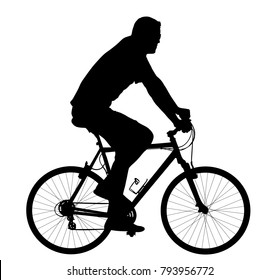 Male bicyclist riding bicycle silhouette vector illustration isolated white background. Man riding bicycle shape shadow. Health care outdoor sport. Active boy on electric bicycle recreation.