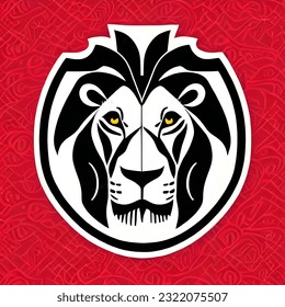 male big black white lion logo, yellow eyes, red background, symbol of authority, strength and leadership