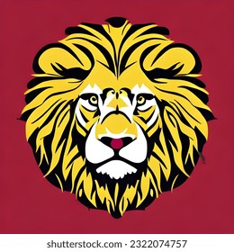 male big golden lion logo, red nose, red background, symbol of authority, strength and leadership