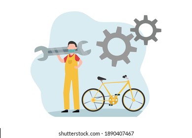 Male Bike Shop Mechanic 2D Flat Vector Concept For Banner, Website, Illustration, Landing Page, Flyer, Etc.