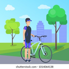 Male with bike, special suit in city park vector illustration on background of skyscrapers. Man in cap, side view, stand near bicycle in cartoon style
