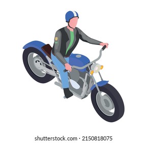 Male biker in leather jacket and helmet riding blue bike 3d isometric vector illustration