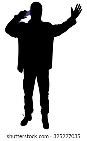 male biker in  leather jacket standing and holding mobile phone
