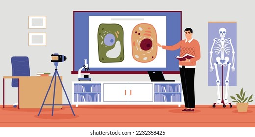 Male biology school teacher standing at board and recording his lesson on camera flat vector illustration