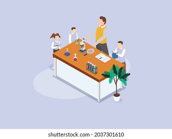 Male biology teacher explaining chemical liquid to elementary school students in the laboratory. isometric vector concept.