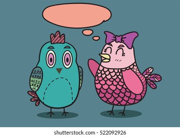 Male bird and Female bird talking, two little birds with speech bubbles , Vector illustration of two little birds communicating with each other.