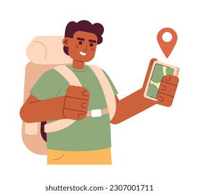 Male black backpacker trekking with hiking app flat vector cartoon character. Traveler hitchhiker spot illustration. Half body person isolated on white. Editable 2D simple drawing, graphic design