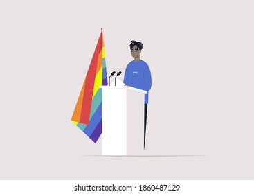 A male Black character standing behind the pulpit with a rainbow LGBT flag, human rights, political process 