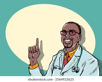 Male black doctor shows index finger up. Advertisement of medical services business. Recommendation from professional doctor. Pop Art Retro Vector Illustration Kitsch Vintage 50s 60s Style