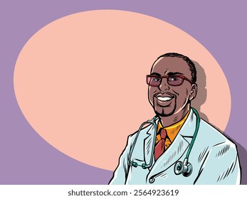 Male black doctor smiling and looking at camera. Advertisement of medical services business. Recommendation from a professional doctor. Pop Art Retro Vector Illustration Kitsch Vintage 50s 60s Style