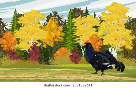 A male black grouse stands in a clearing near an autumn forest. Realistic vector bird