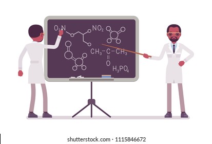 Male black scientist at the blackboard. Expert of physical, natural laboratory in white coat teaching. Science, technology concept. Vector flat style cartoon illustration isolated on white background