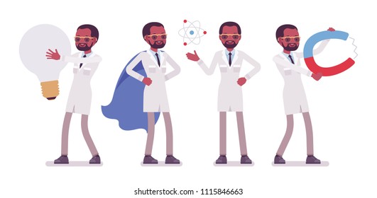 Male black scientist and giant things. Expert of physical, natural laboratory in white coat with tools. Science, technology concept. Vector flat style cartoon illustration isolated on white background