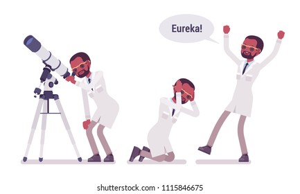 Male black scientist happy with eureka result. Successful expert of physical, natural laboratory in white coat. Science, technology. Vector flat style cartoon illustration isolated on white background