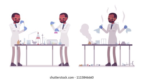 Male black scientist making chemical experiments. Expert of physical, natural laboratory in white coat. Science, technology concept. Vector flat style cartoon illustration isolated on white background