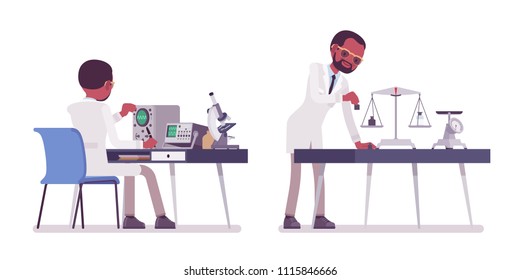 Male black scientist measuring. Expert of physical or natural laboratory in white coat doing research. Science, technology concept. Vector flat style cartoon illustration isolated on white background