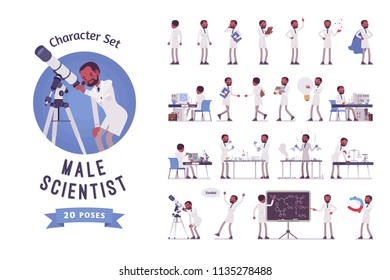 Male black scientist ready-to-use character set. Expert of physical or natural laboratory working in white coat. Science and technology concept. Full length, different views, gestures, emotions