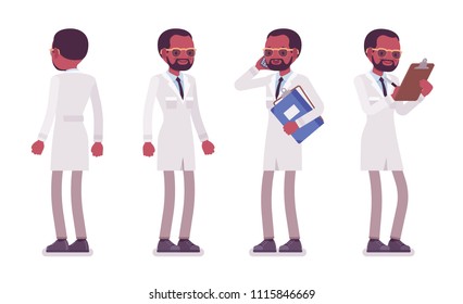 Male black scientist standing. Expert of physical, natural laboratory in white coat. Science, technology concept. Vector flat style cartoon illustration isolated on white background, front, rear view