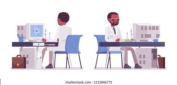 Male black scientist working at desk. Expert of physical, natural laboratory in white coat at computer. Science, technology concept. Vector flat style cartoon illustration isolated on white background