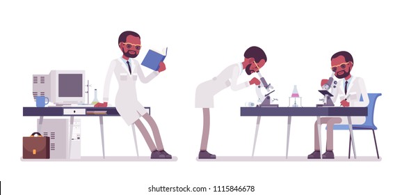 Male black scientist working. Expert of physical, natural laboratory in white coat studies at microscope. Science, technology concept. Vector flat style cartoon illustration isolated, white background