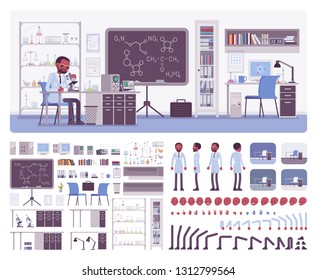 Male Black Scientist Working In Laboratory, Office Interior Creation Kit, Workspace Set To Build Your Own Design, Wall And Floor Color Constructor Elements. Cartoon Flat Style Infographic Illustration