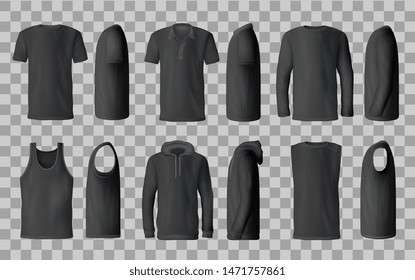 Male black shirt vector templates, 3d mockup of blank t-shirts from side and front views. Polo, sweatshirt and sleeveless tank top, hoodie and hooded long sleeve shirt. Male fashion, sport wear design