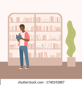 Male black skin holding book near bookcase at public library vector flat illustration. Colorful guy reading textbook surrounded by bookshelves isolated on white background. Student search literature