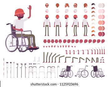 Male black wheelchair user character creation set. Disability, medical social help. Full length, different views, emotions, gestures. Build your own design. Vector illustration